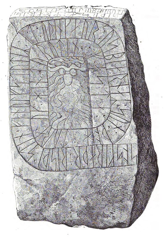 Illustration of runestone DR 81 featuring 'mask' motif