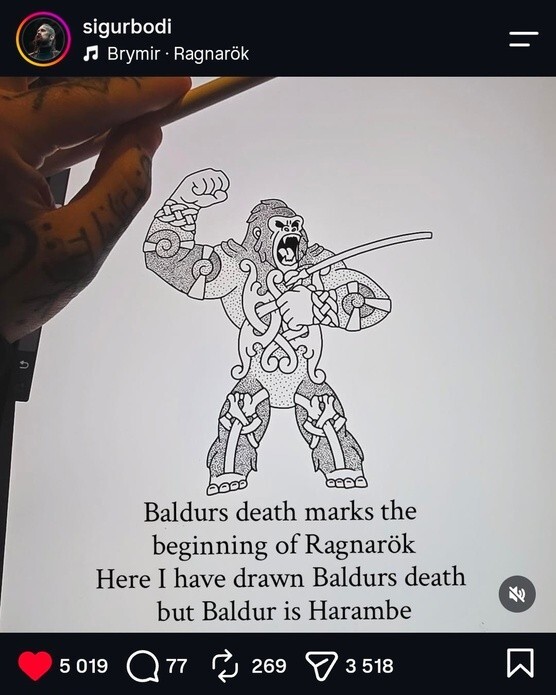 Screenshot of Balðr / Harambe design offered by tattoo artist Sigurboði Grétarson (Reykjavík)