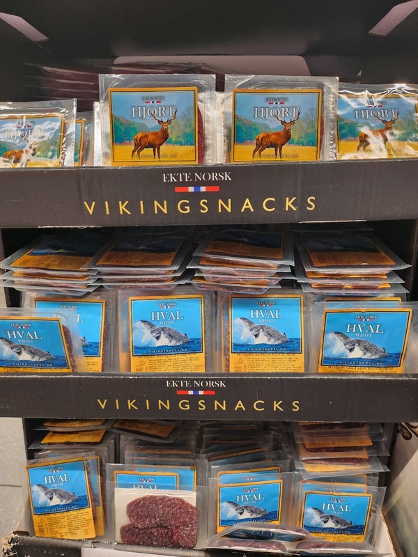 Viking Snacks (deer and whale meat) on display in central Bergen