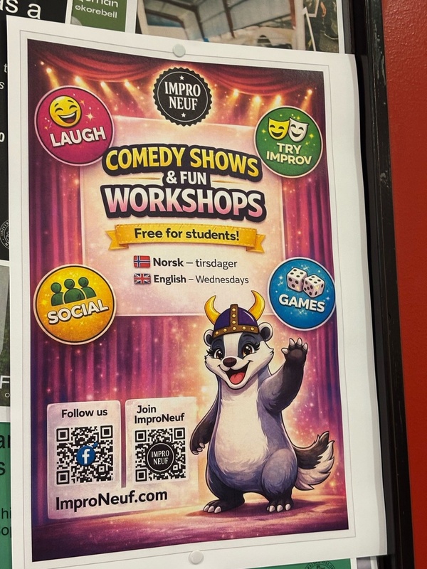 Improneuf- Poster advertising free comedy shows and improv workshops for students