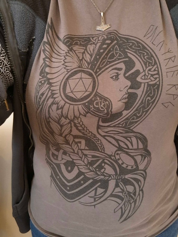 T-shirt with a Valkyrie and rune design from Valkyrie RPG and online polyhedral dice store