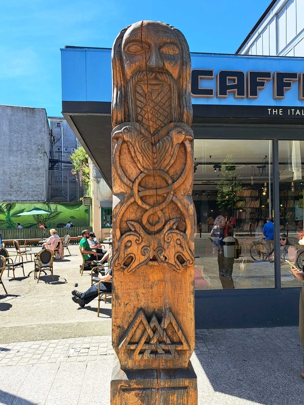 Hand-carved wooden Viking-style pillar