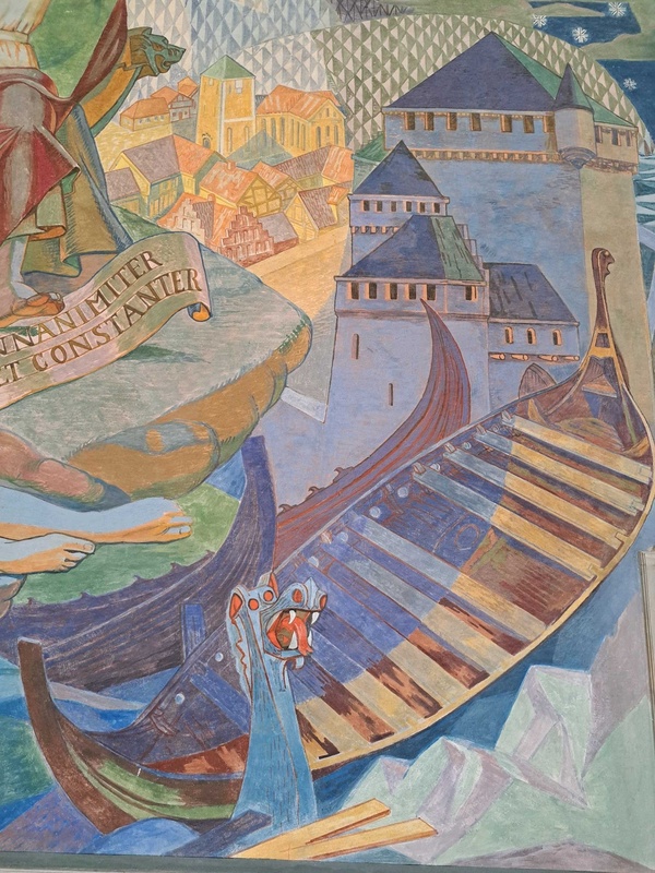 Depiction of Viking ships in mural by Alf Rolfsen