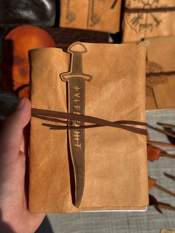 Handcrafted leather notebook with Ulfberht sword