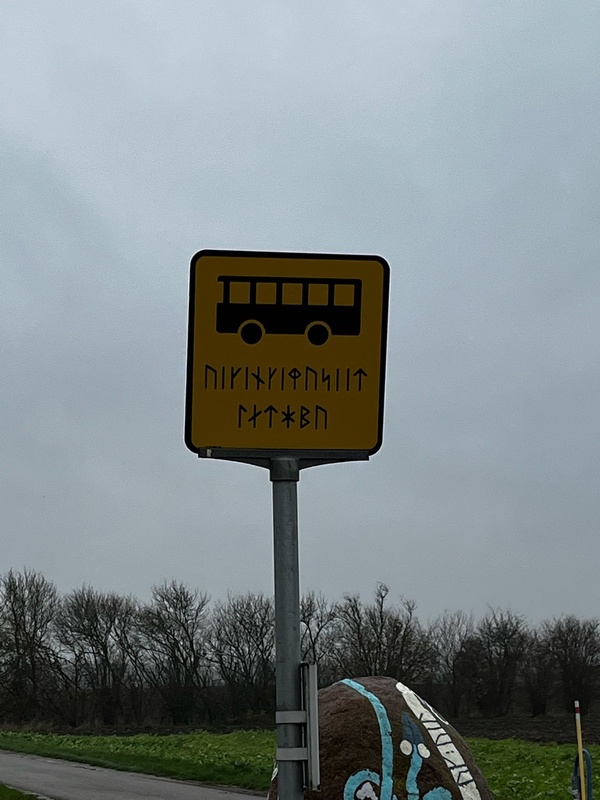 Runic bus-stop sign for the Viking Museum in Ladby