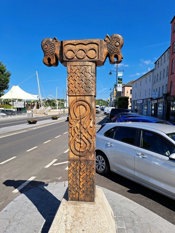 Hand-carved wooden Viking-style pillar