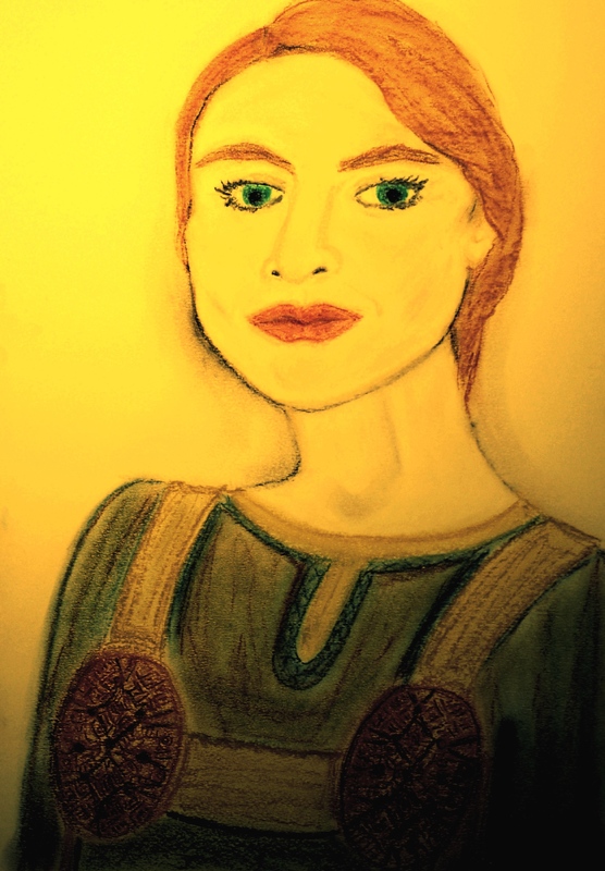 Artist’s portrait of a woman in Viking-inspired dress.