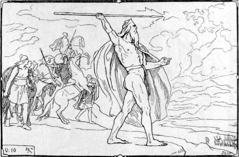 Odin throws a spear at the Vanir host in the Æsir-Vanir war (L. Frølich)