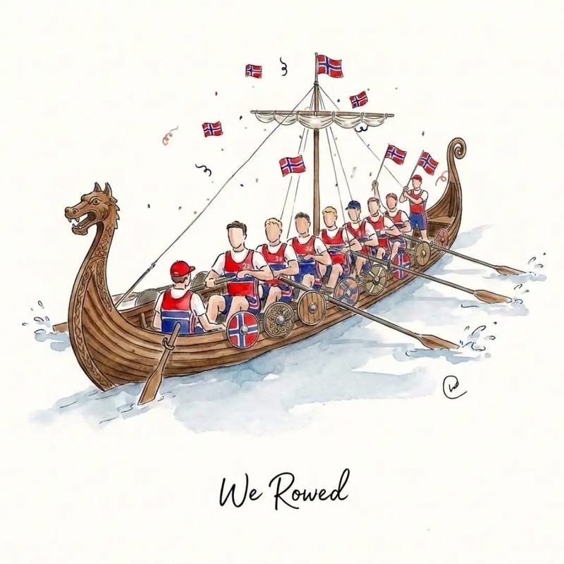 Drawing of the Norwegian soccer team rowing a Viking ship with the text "We rowed"