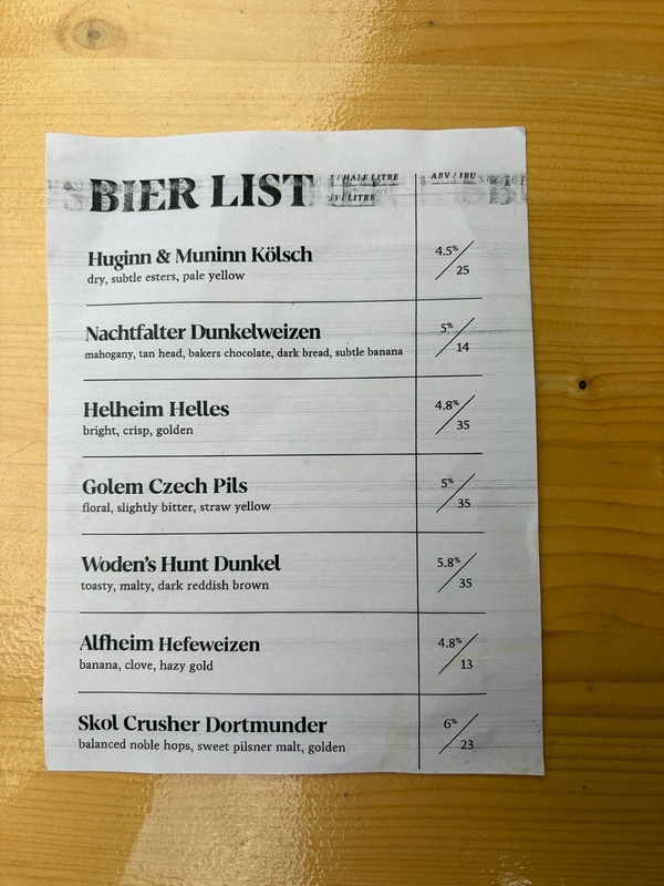 Beer menu with several Norse inspired names