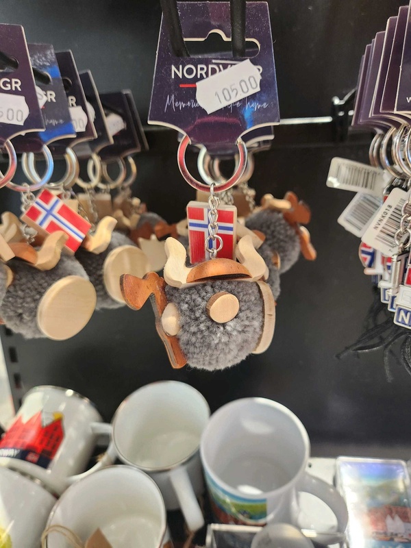 Souvenir Viking keyring featuring horned helmet and Norwegian flag