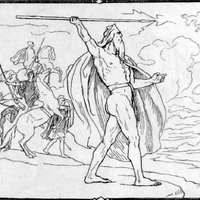 Odin throws a spear at the Vanir host in the Æsir-Vanir war by Lorenz Frølich