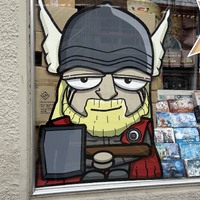 Thor cartoon decal outside KABOOOM Comic Shop (Zürich)